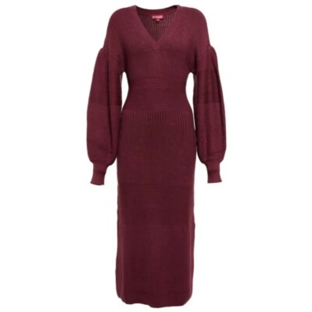 Staud Merlot Carnation Sweater‎ Knit Midi Dress Large Burgundy Designer Cozy - Picture 2 of 16
